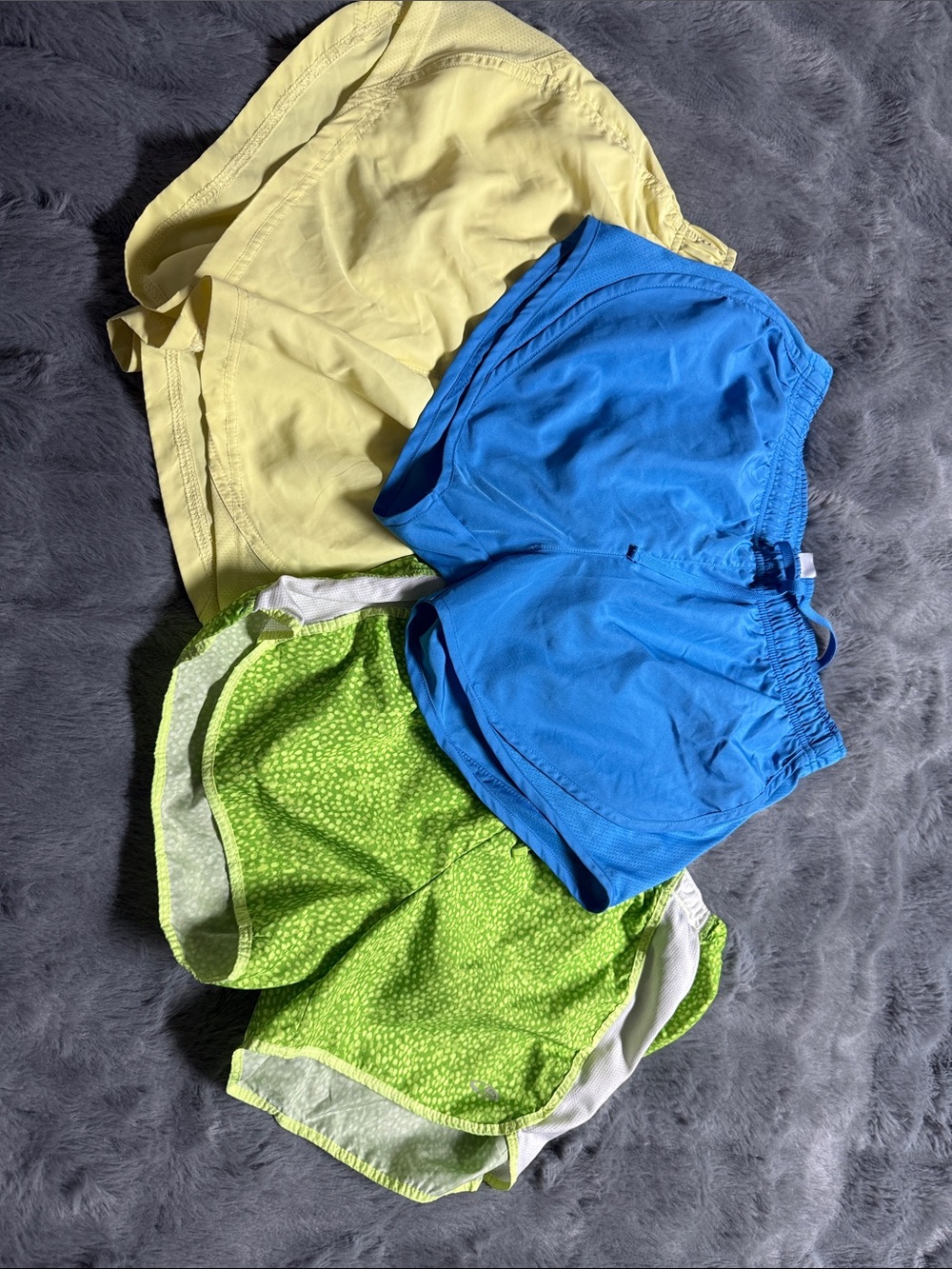Multiples womens Athletic Shorts Trio in Blue, Lime, and Pale Yellow sz small